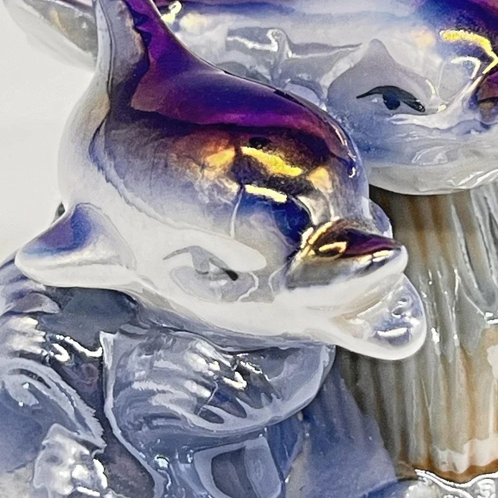 Vintage Lusterware Iridescent Porcelain Dolphins On Seashell Mirtex Trading